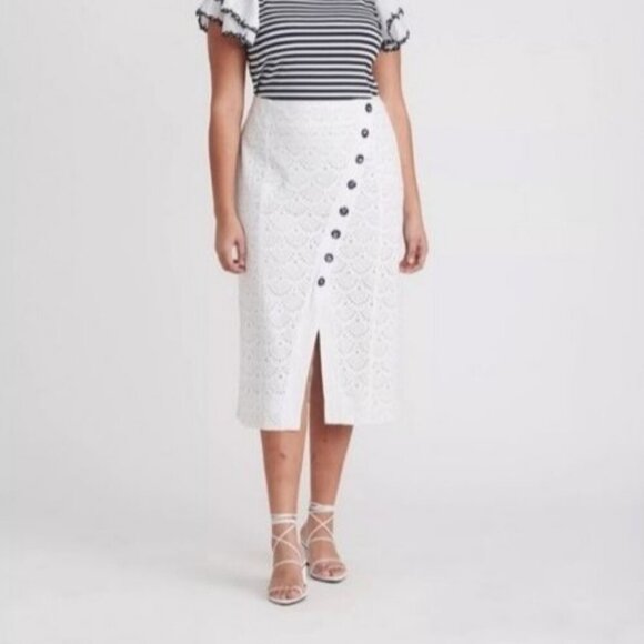 Tanya Taylor 10 Skirt Asymmetric White Eyelet Midi Linen Embroidered Resort - Picture 1 of 12